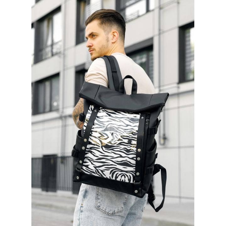 Чоловічий рюкзак Sambag RollTop Hacking чорний принт "Zebra"