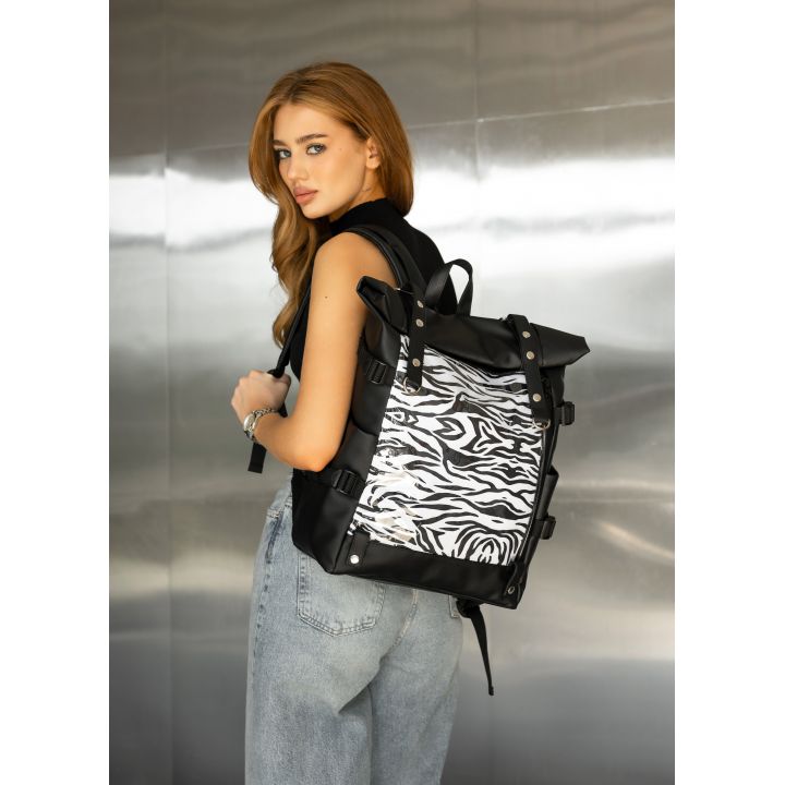 Жіночий рюкзак Sambag RollTop Hacking чорний принт "Zebra"